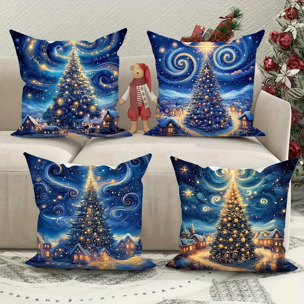 4-Piece Christmas Throw Pillow Cover Set Night Sky Tree Festive Home Decor