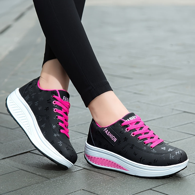 Women’s Fashion Sneakers Black with Pink Laces Lightweight Slip-Resistant Walking Shoes