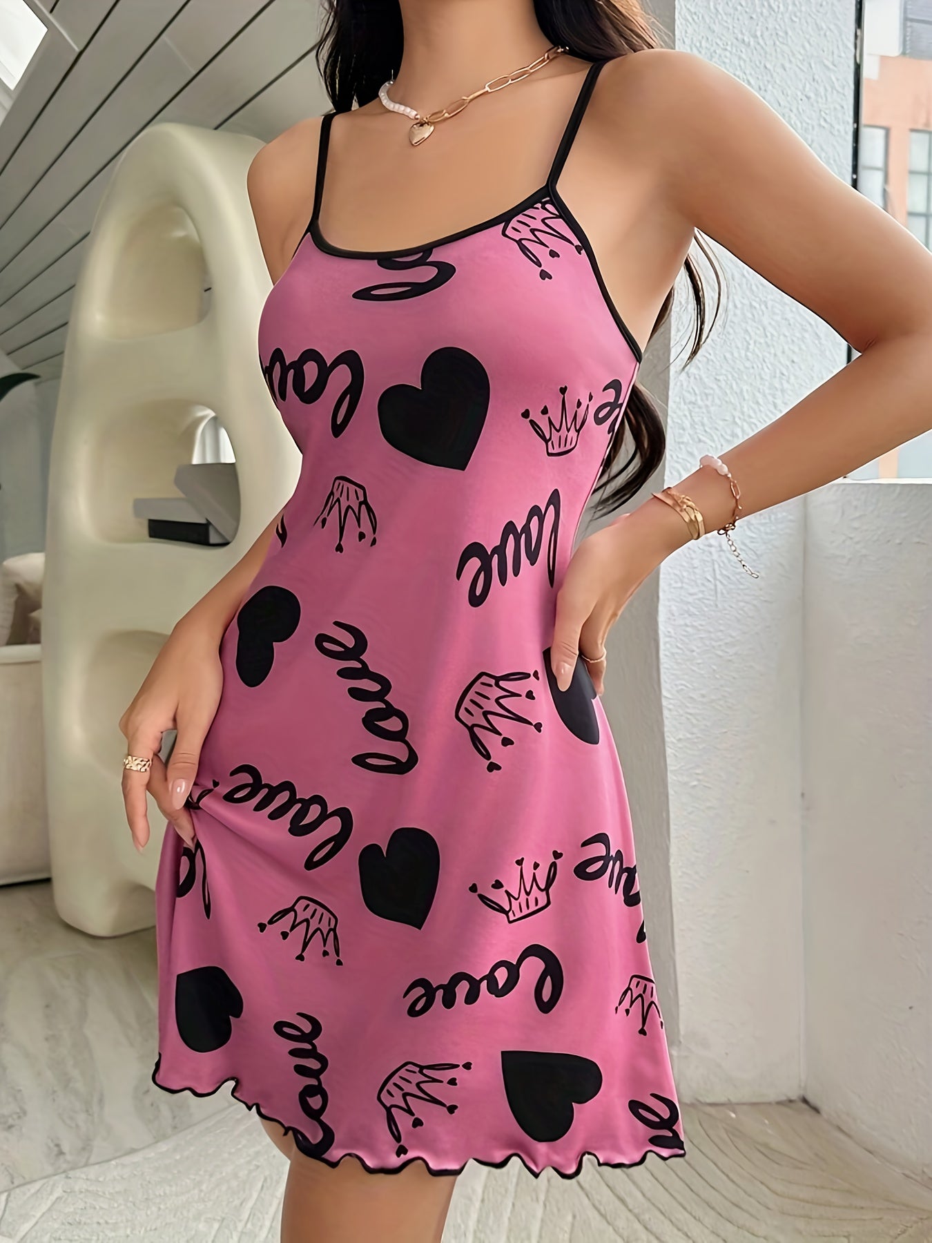 Pink Sleeveless Nightdress for Teens with Heart and Crown Print Polyester Blend Casual Loungewear