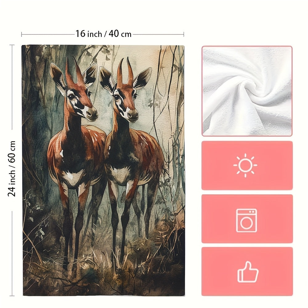 Set of 2 Watercolor Okapi Kitchen Towels, Absorbent, 16x24 Inches, Modern Decor