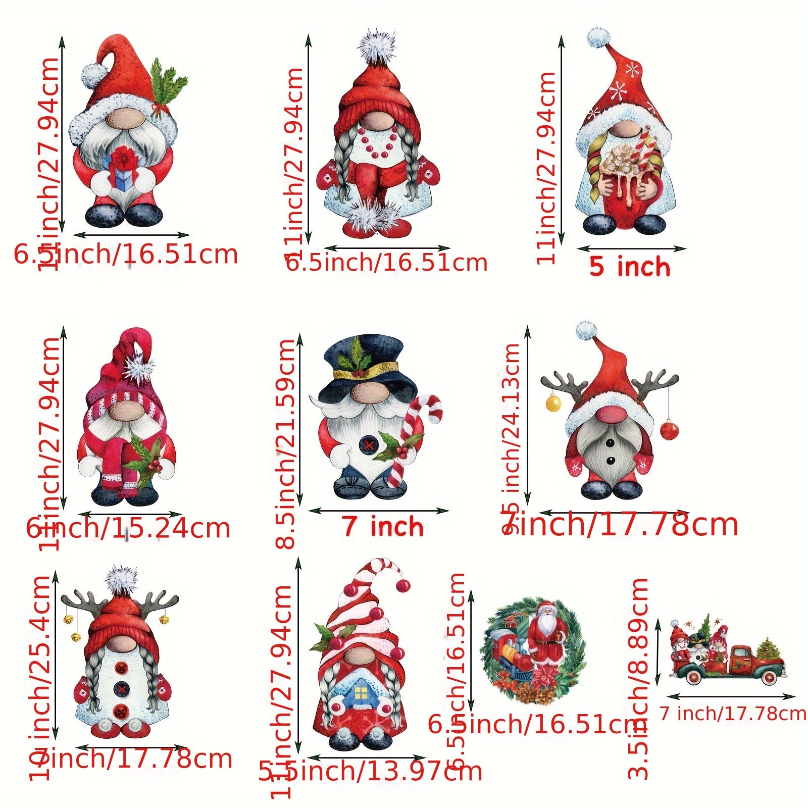 Set of 9 Christmas Gnome Window Clings Holiday Decor Festive Glass Decals