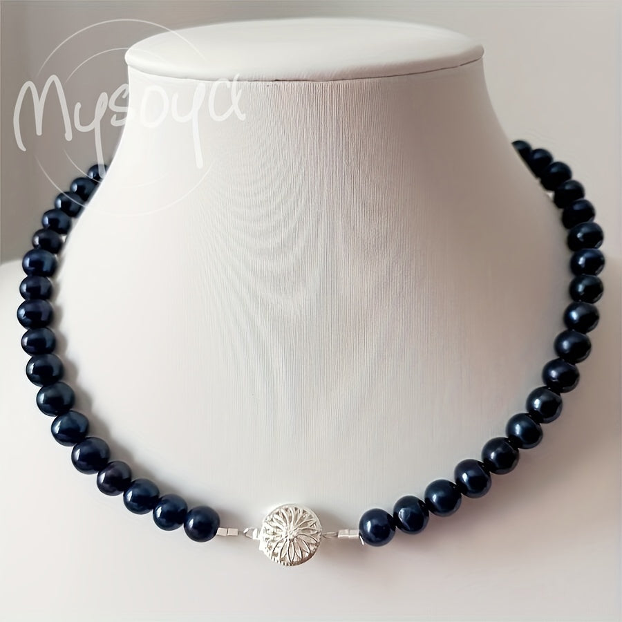 Collar de perlas de agua dulce azul con cierre de flor de plata, perlas de 8-9mm, regalo de piedra de nacimiento de junio para mujeres