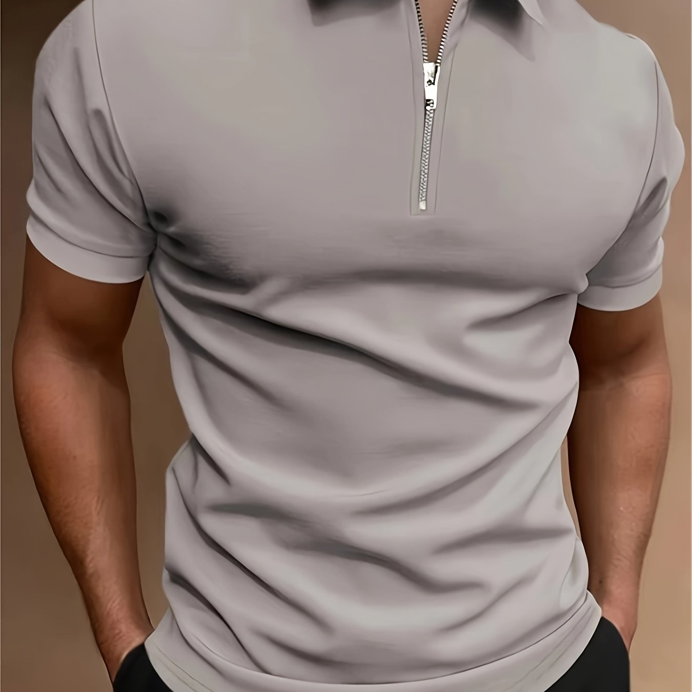 Men's Solid Color Zipper Lapel Golf Shirt for Casual Summer Streetwear