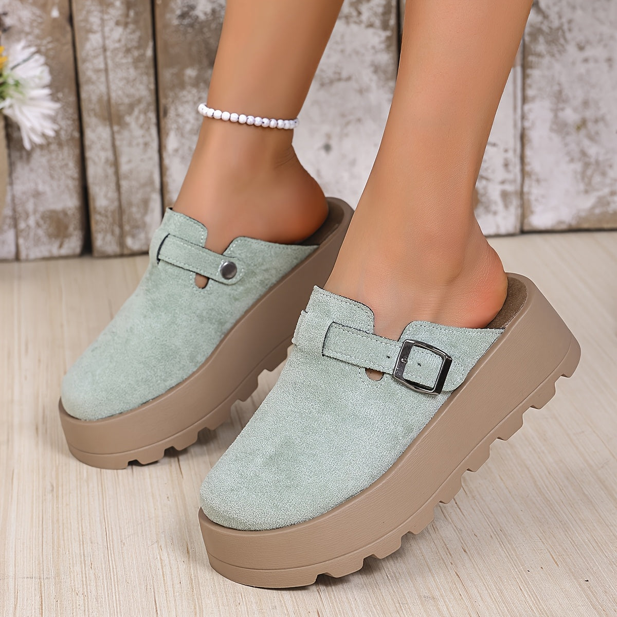 Women Beige Wedge Mules with Adjustable Buckle Slip-On Shoes