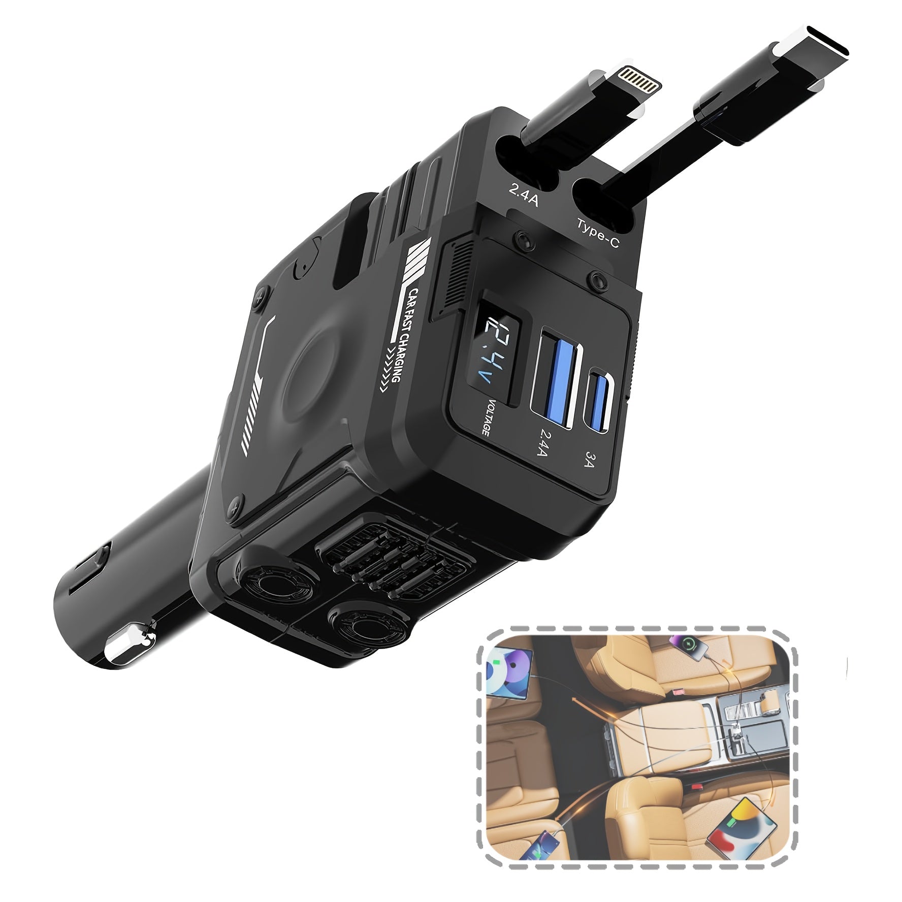 4-в-1 выдвижное автомобильное зарядное устройство с вращением на 180° и портом USB-C