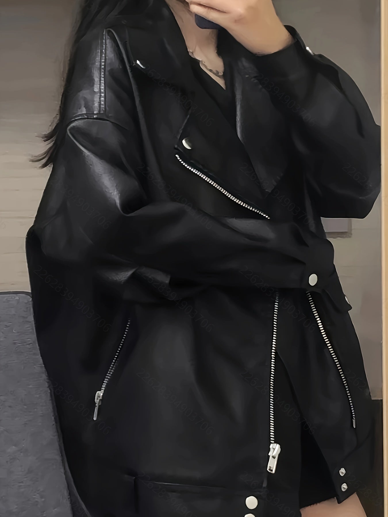 Women's Fleece-Lined Motorcycle Jacket Black Casual Loose Fit Waterproof Polyester