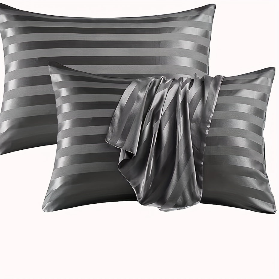 Set of 2 Satin Pillowcases with Envelope Closure Striped Pattern Ultra-Soft Woven Fabric for Hair and Skin