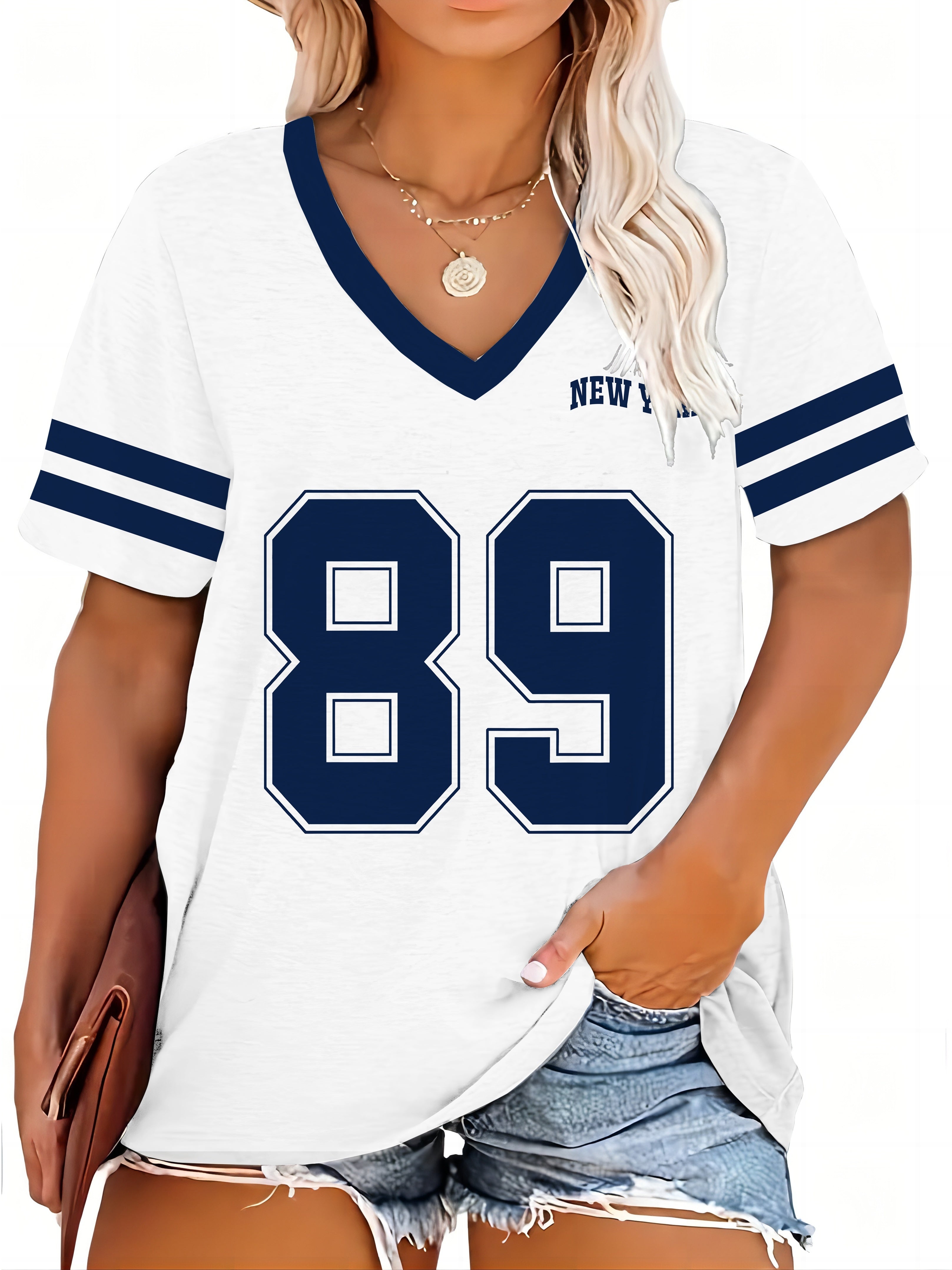 Camiseta casual de manga corta con escote en V y estampado 89 para tallas grandes de mujer