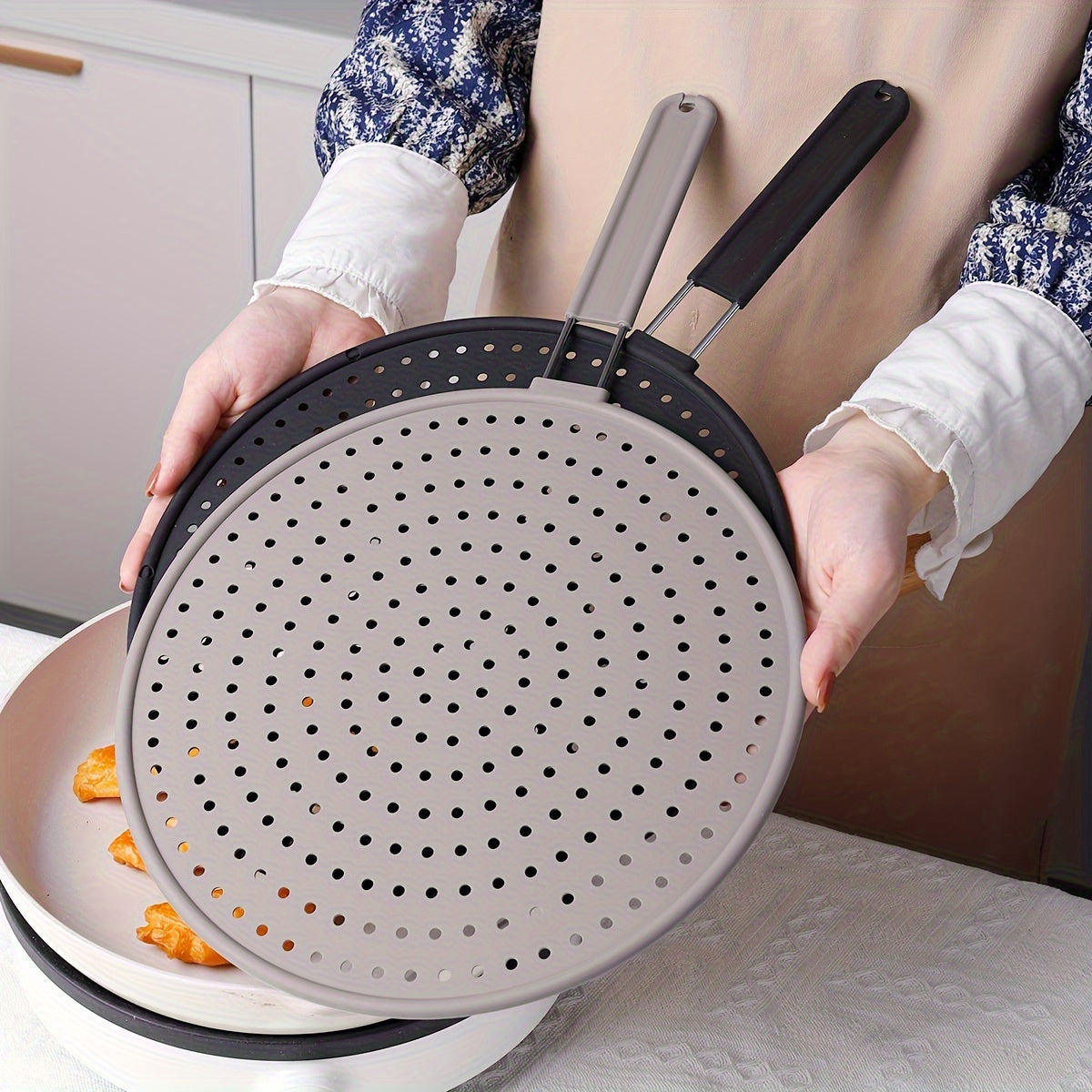 Stainless Steel Splatter Screen with Silicone Mesh for Frying Pan Kitchen Tool