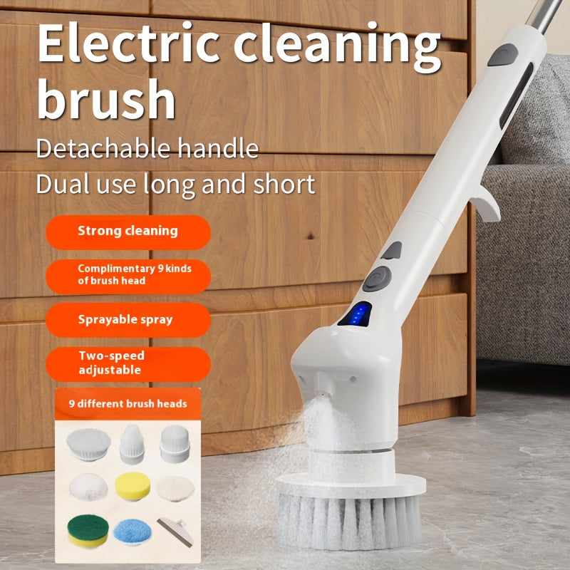 9-in-1 Electric Rotating Cleaning Brush with Spray Waterproof Wireless 9 Brush Heads