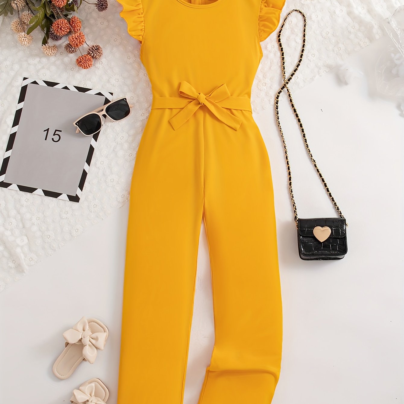 Девочки летний комбинезон без рукавов с рюшей, поясом, круглым вырезом, длинный, повседневный, для прогулок на свежем воздухе