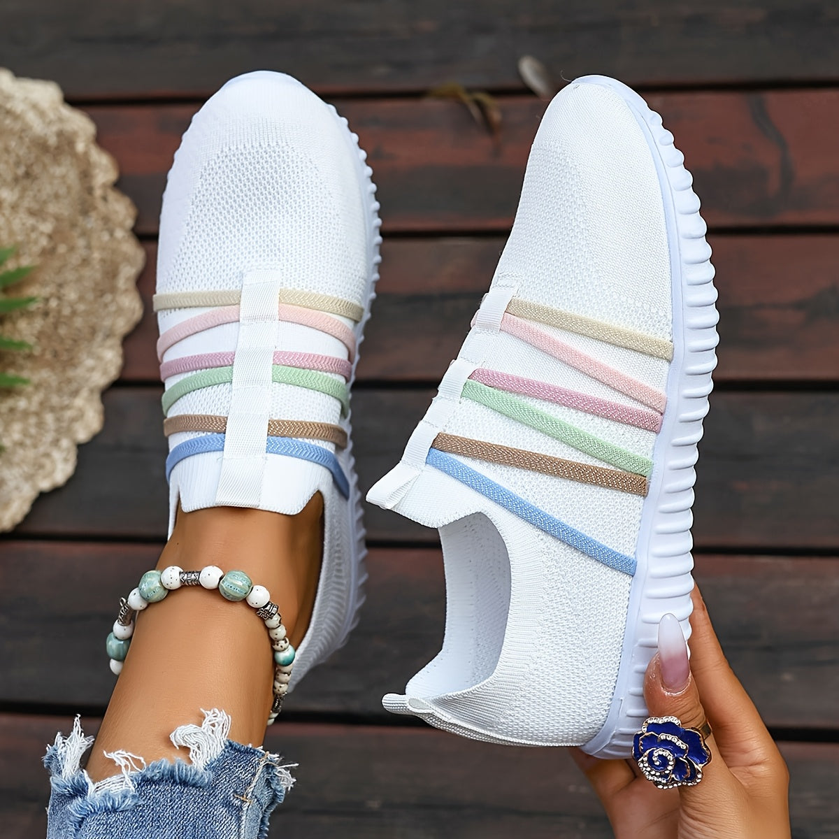 Women Casual Slip-On Sneakers White Fabric Low Top All-Season Comfort