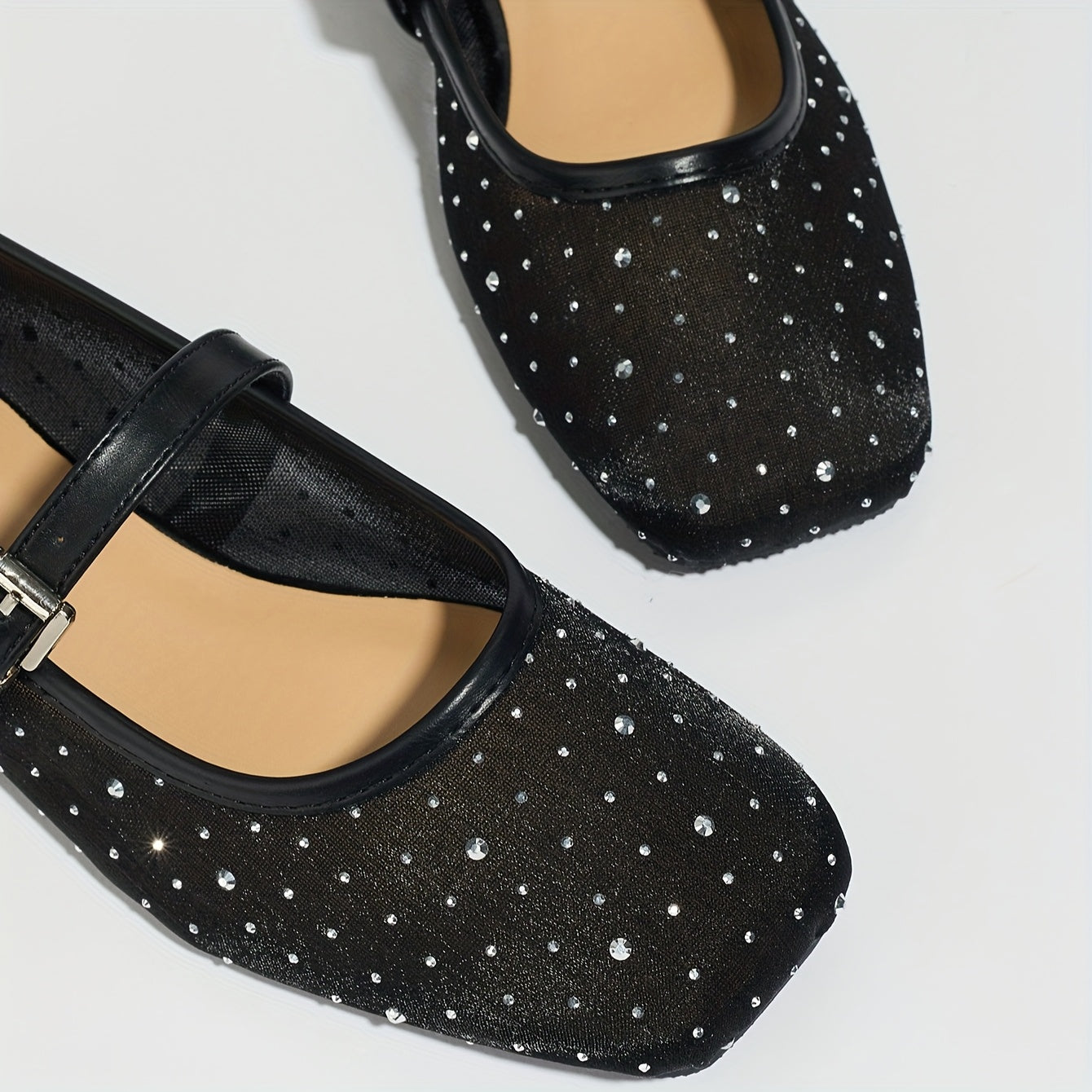 Zapatos planos de malla negra para mujer tipo Mary Jane con adornos de cristales