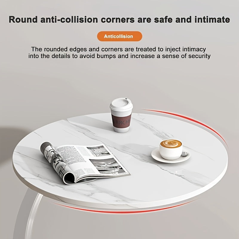 Mesita de metal y madera con acabado en roble, almacenamiento, base pedestal que ahorra espacio