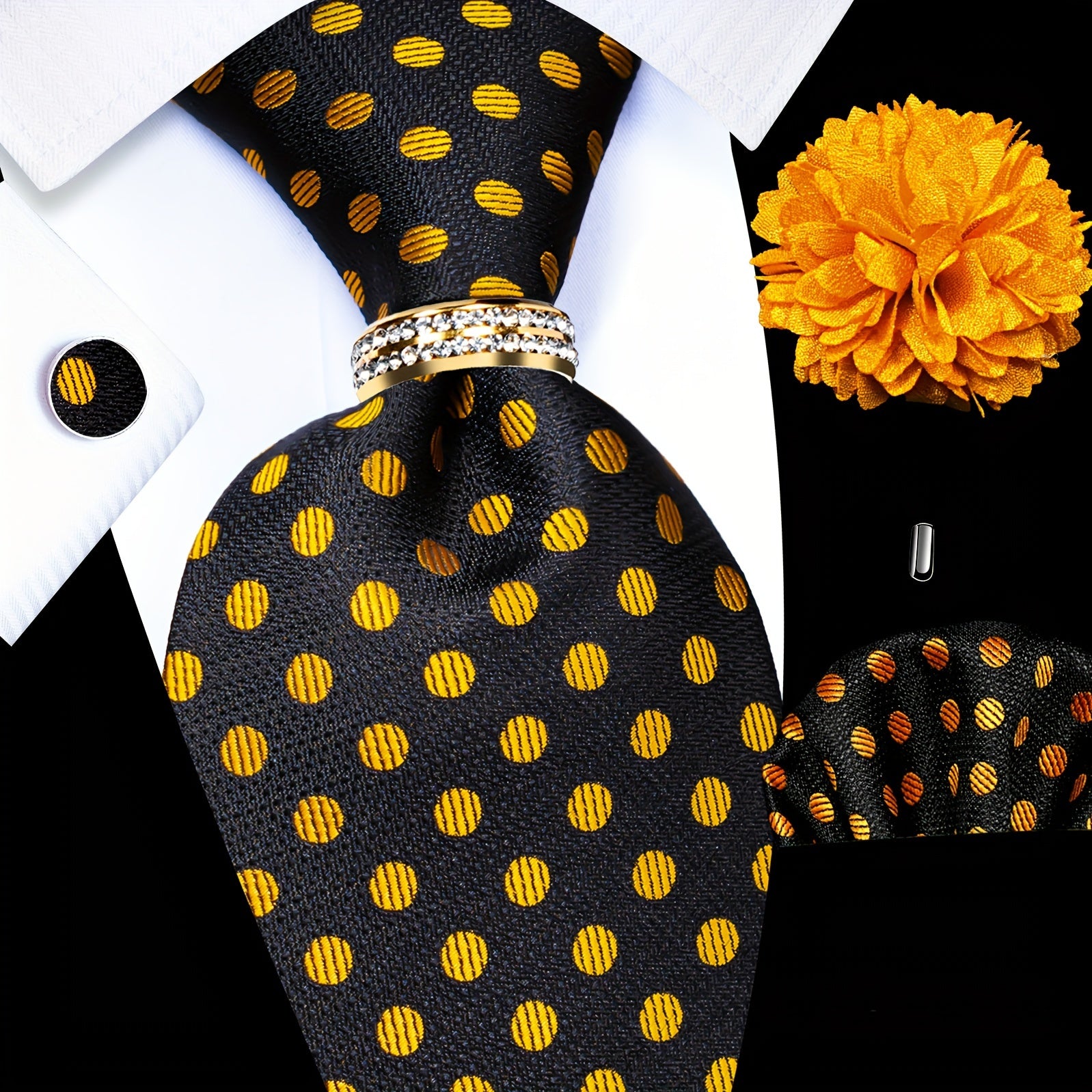 Men's Accessories Set Tie Pocket Square Cufflinks Lapel Pin Tie Ring for Wedding Groom