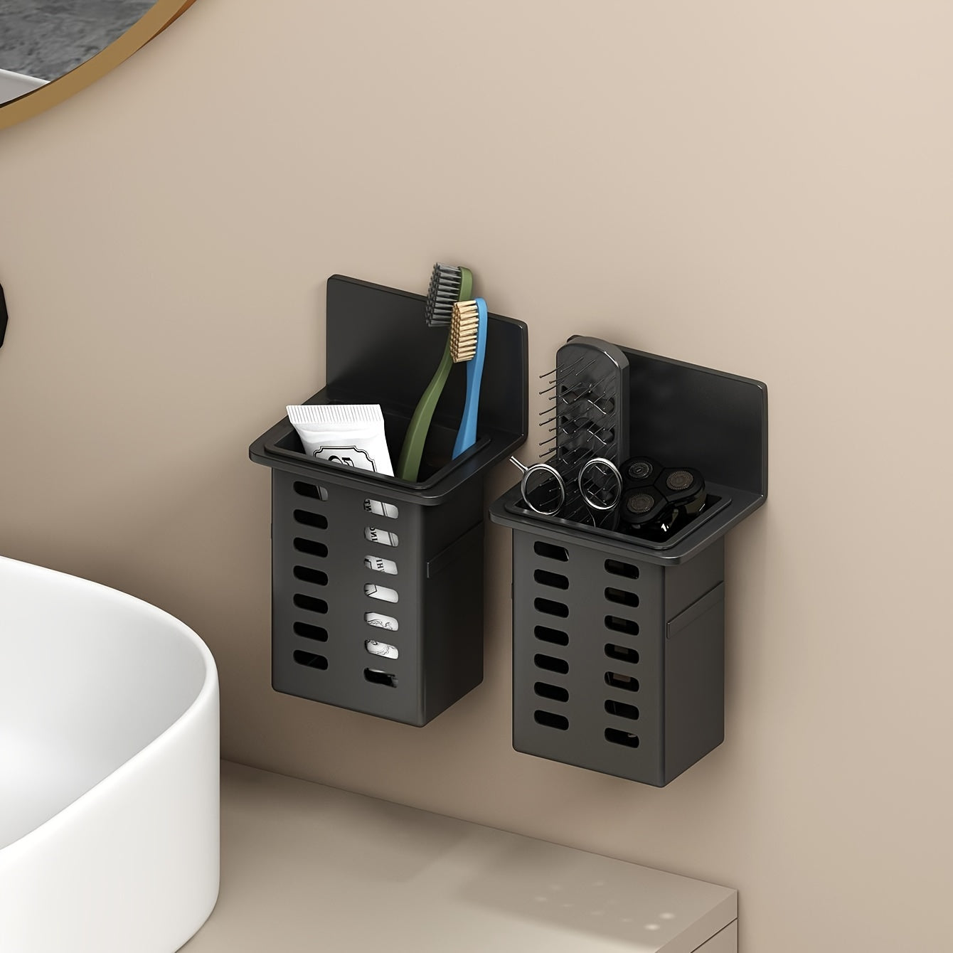 Black Wall-Mounted Bathroom Organizer Mold-Resistant Plastic No-Drill Installation
