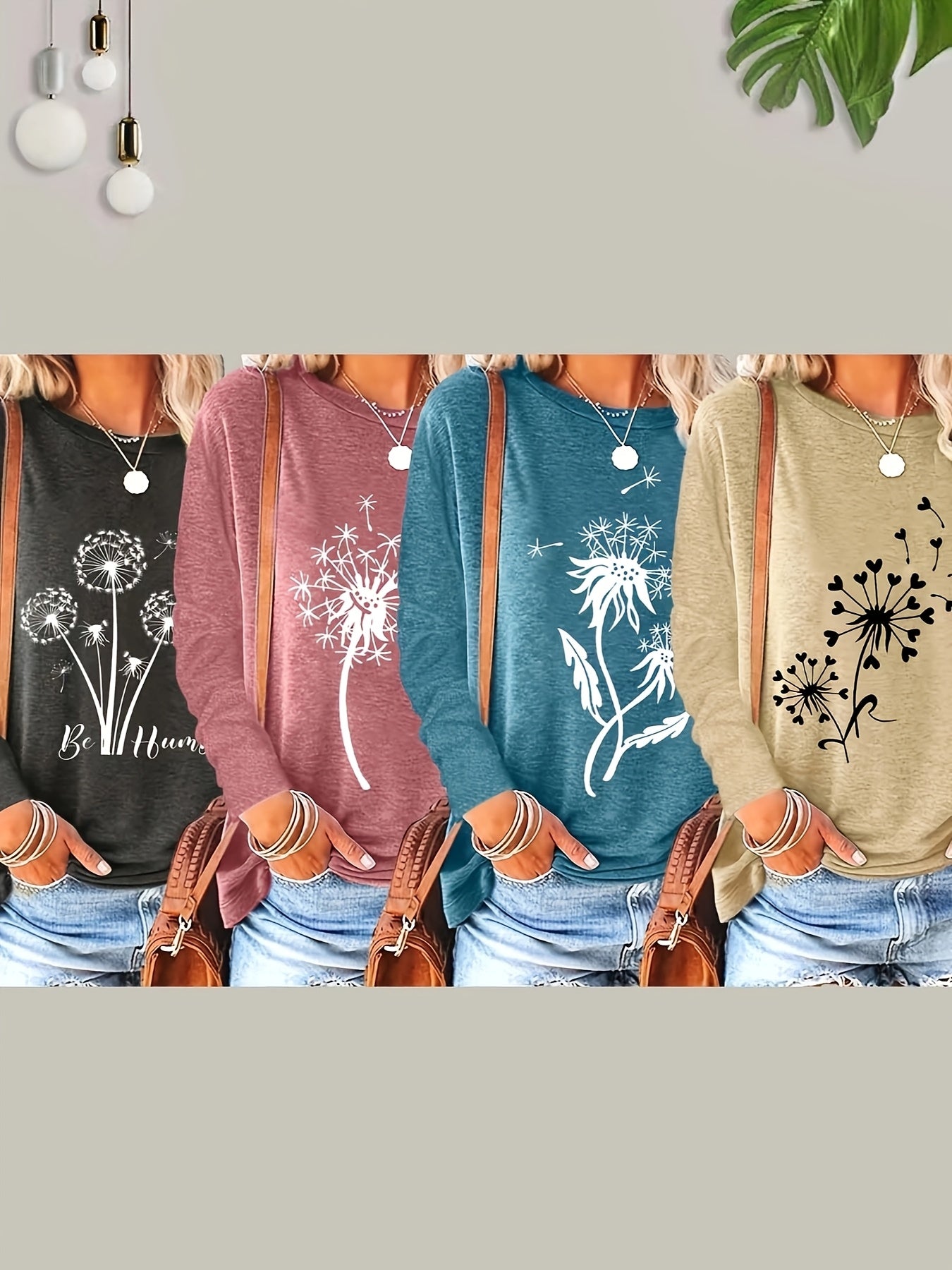 Women's Casual Floral Round Sleeve Blouse, Loose Fit, Spring Fall, Stretch Fabric