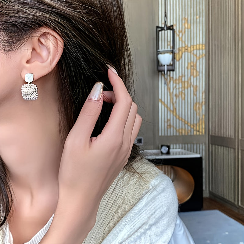 Women Pearl Drop Earrings Silver Plated Square Pendant Jewelry