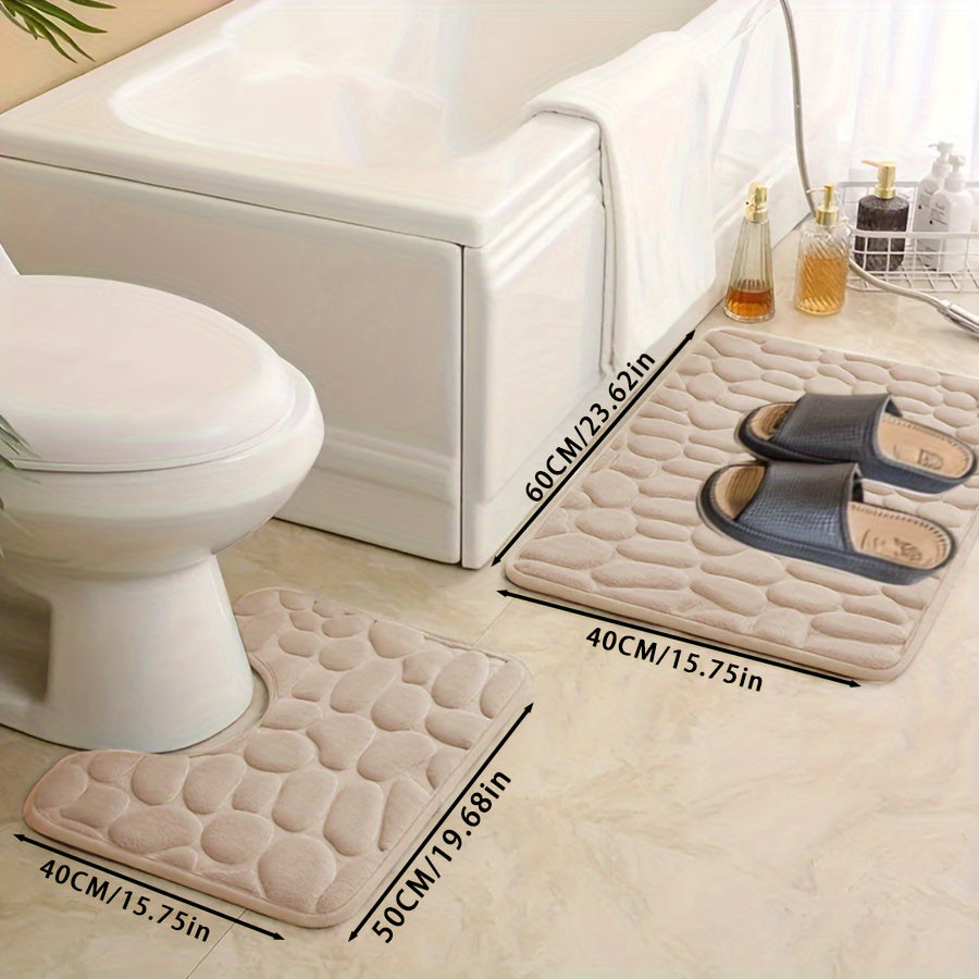 Absorbent Non-Slip Bath Mat Set with Pebbles Design for Bathroom Decor