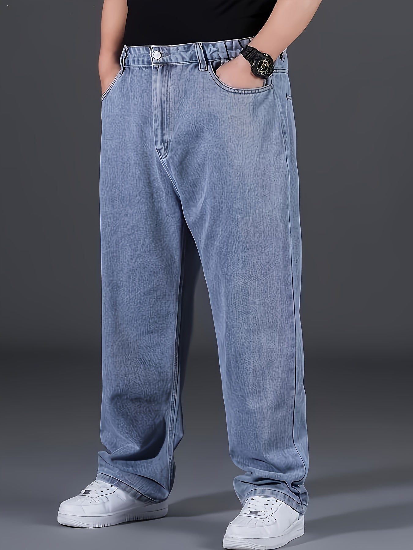Erkaklar uchun plussiz denim jinsi shimlar, ozgina cho'ziladigan paxta aralashmasi, keng to'g'ri oyoq dizayni, yil davomida kiyish uchun yuvilgan bir xil rang.