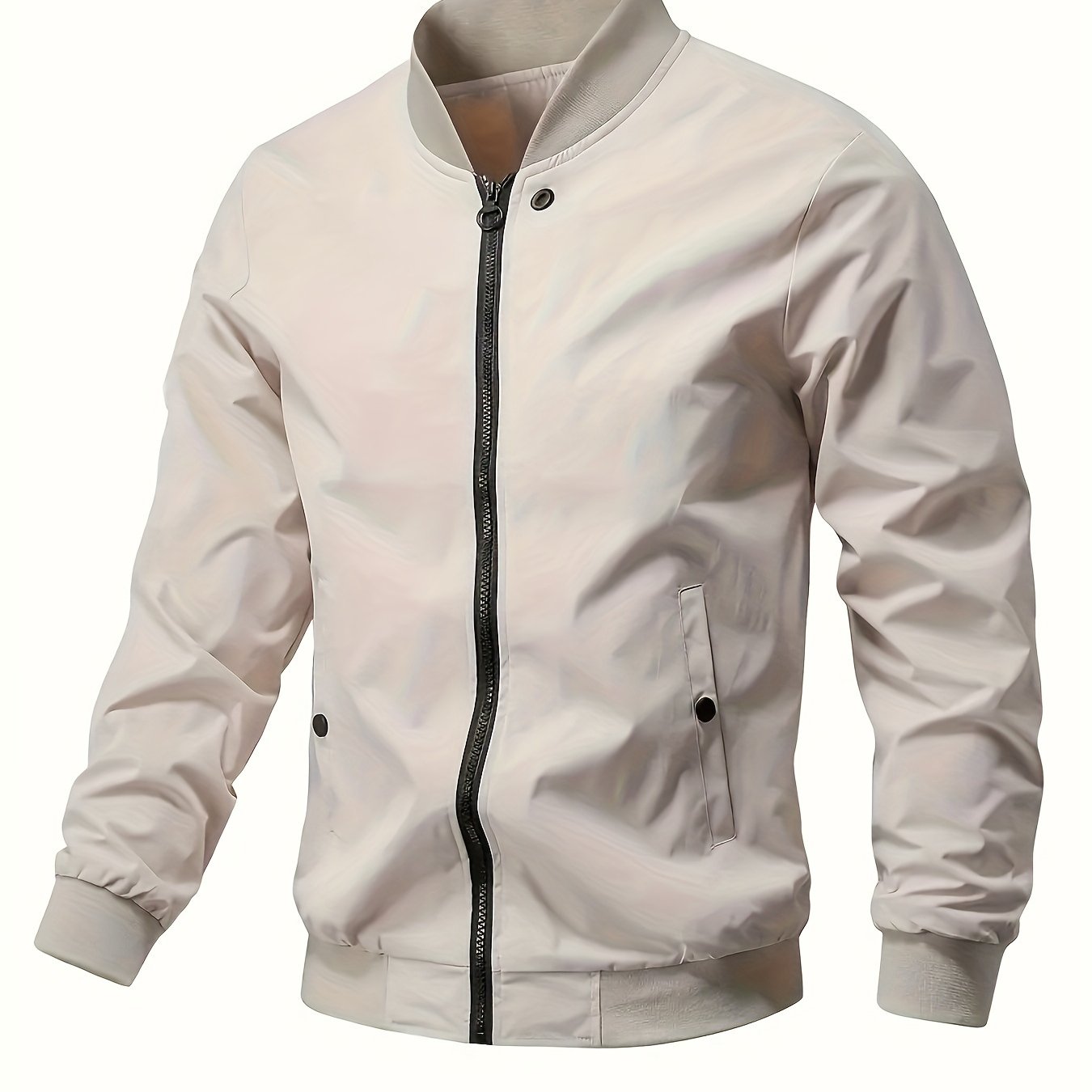 Men's Solid Color Woven Acetate Bomber Jacket with Stand Collar Lightweight Spring Fall Outerwear