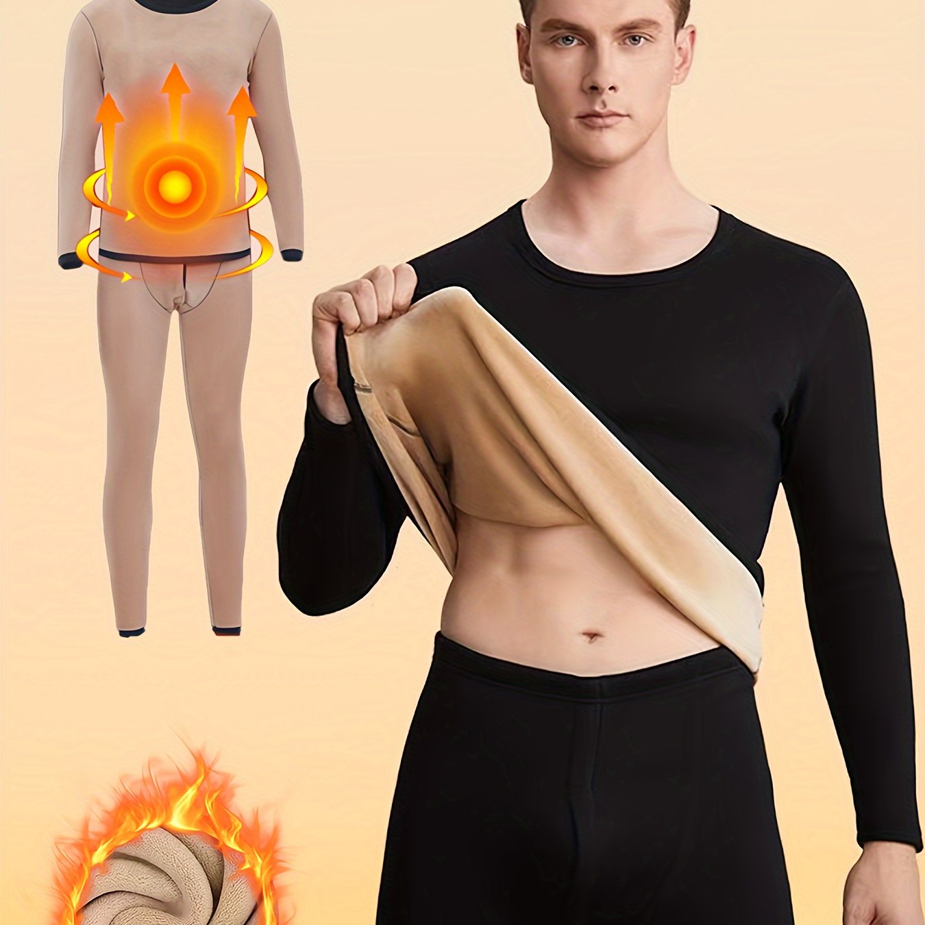 Men's Winter Thermal Underwear Set Fleece-Lined Long Sleeve Crew Neck and Pants