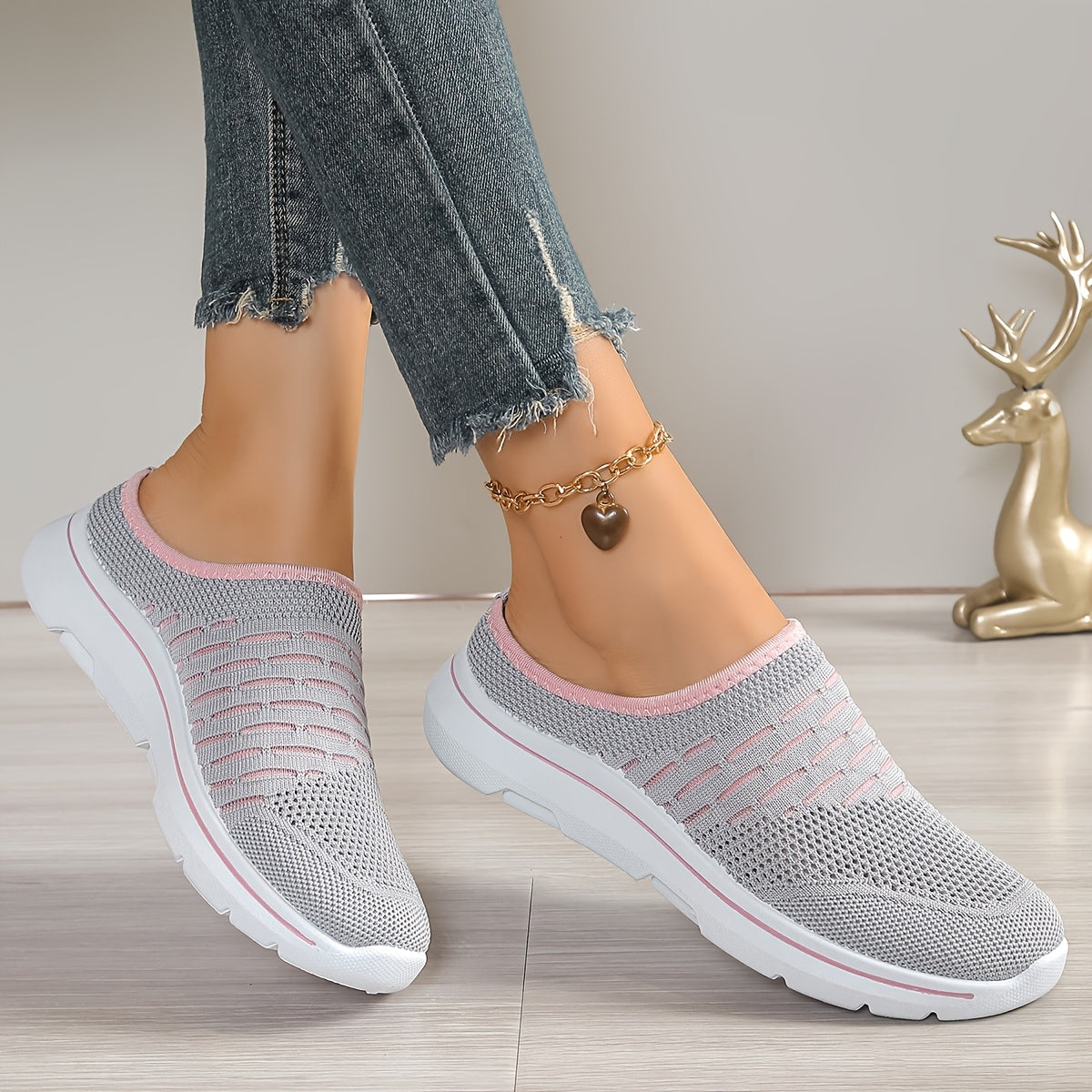 Ayollar uchun nafas oladigan trikotaj mules slip-on platform poyabzal, bej, dengiz, pushti, kulrang