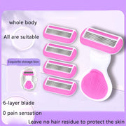 Women Compact 6-Layer Manual Razor with Non-Slip Handle and Replaceable Blades