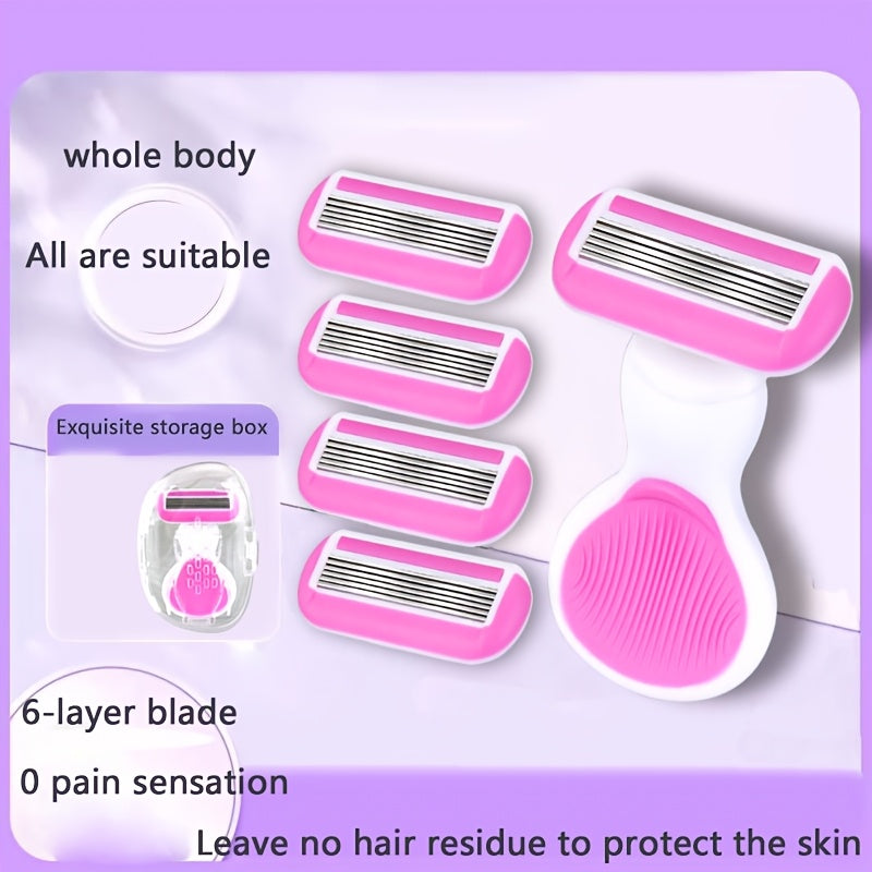 Women Compact 6-Layer Manual Razor with Non-Slip Handle and Replaceable Blades
