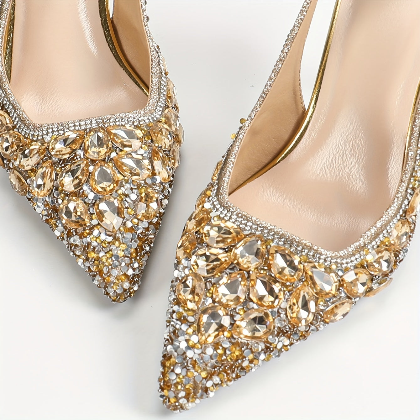 Women's High Heels with Rhinestones and Gold Accents for Weddings and Parties