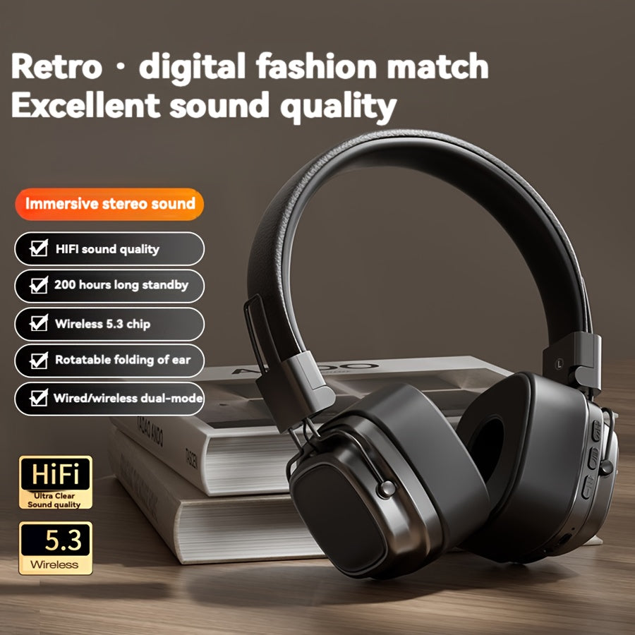Vintage-Inspired Wireless Over-Ear Headphones with 5.3 Chip for Gaming and Music