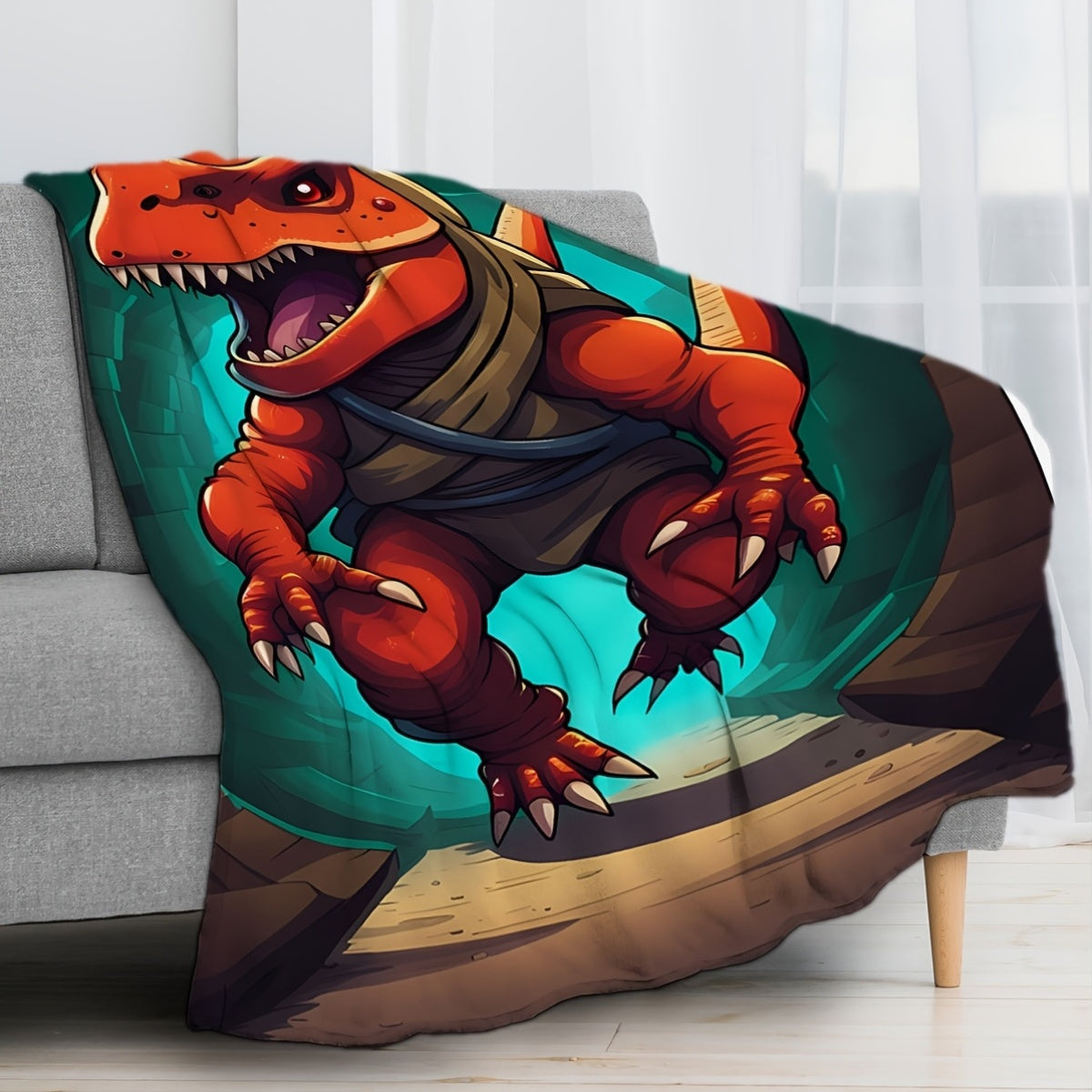 Cartoon Dinosaur Print Knitted Polyester Throw Blanket for Kids and Adults