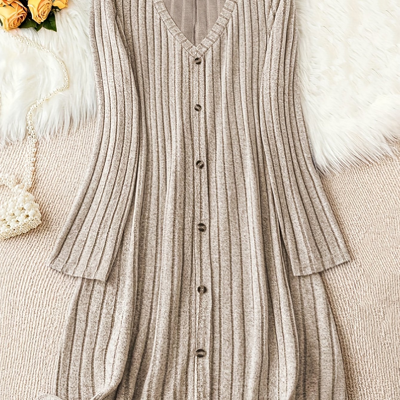 Vestido de punto de talla grande con escote en V para otoño e invierno, manga larga, con botones en la parte delantera, casual para mujer