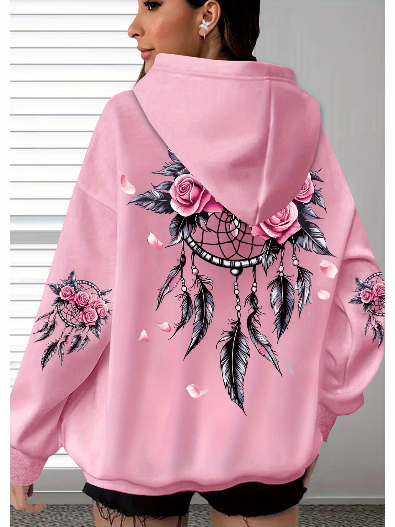 Women's Oversized Hoodie with Floral Turtle Graphic Long Sleeve Sweatshirt in Pink