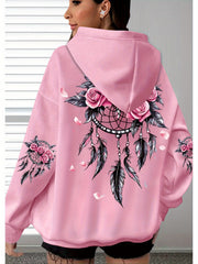 Women's Oversized Hoodie with Floral Turtle Graphic Long Sleeve Sweatshirt in Pink