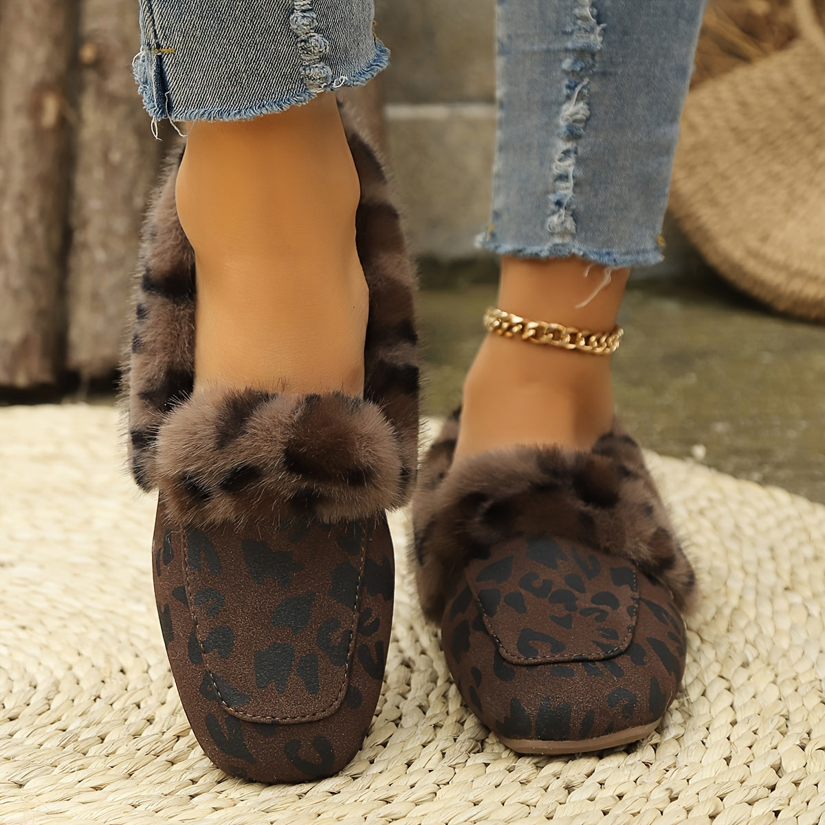Women’s Leopard Print Plush Slippers Warm Faux Fur Indoor Shoes
