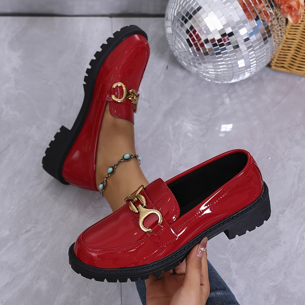 Women's Glossy Red Synthetic Penny Loafers Slip-On Shoes with Cushioned Sole