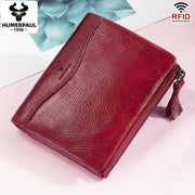 Women's RFID Blocking Red Leather Vintage Wallet with Zipper Closure
