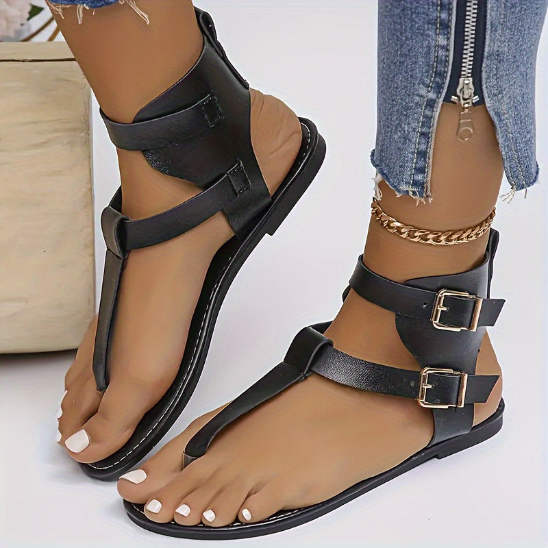 Women's Flat Sandals Open Toe Solid Color Buckle High-Top Summer Flat Heel Man Made Materials