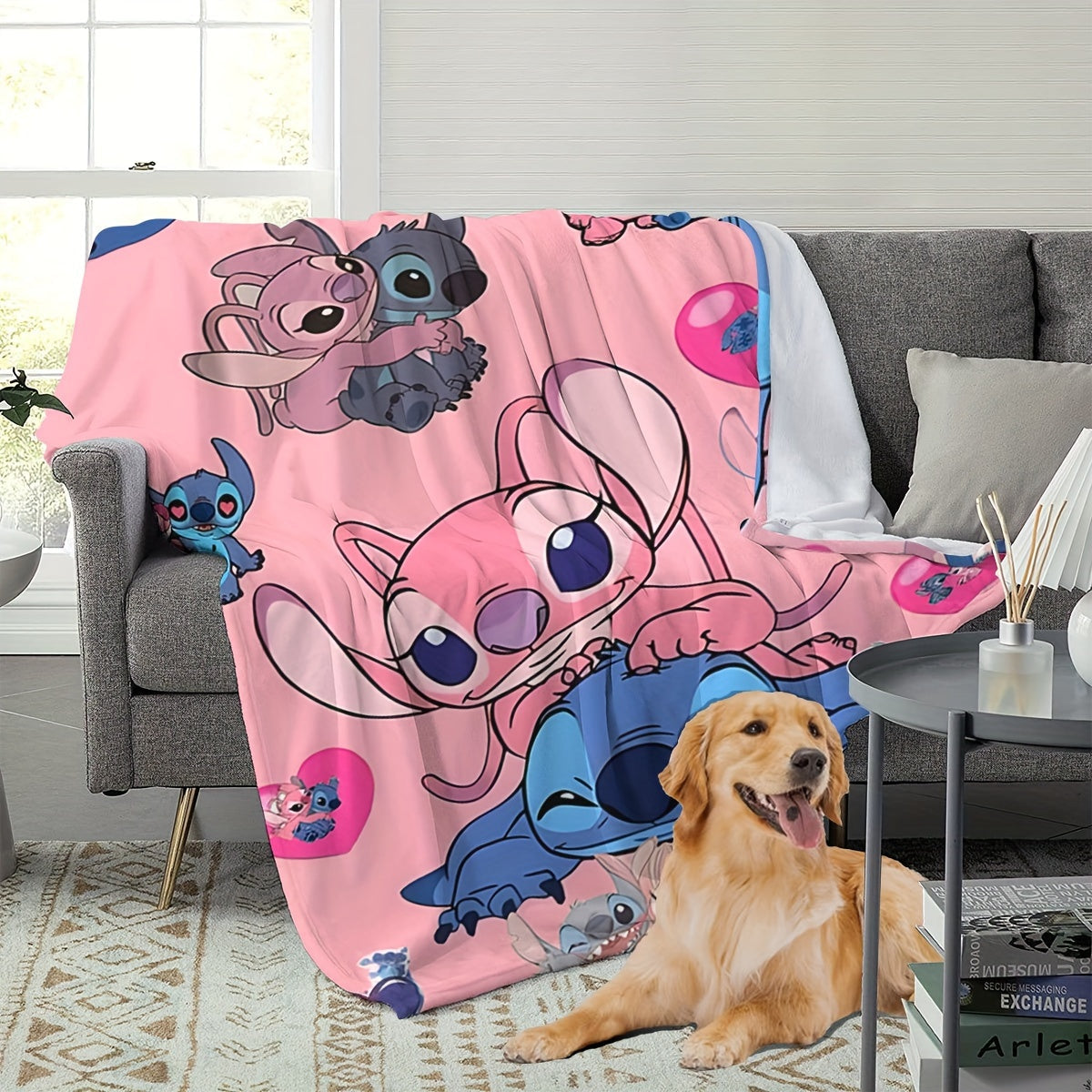 Pink Heart Stitch Cartoon Blanket Multi-Functional Knit Polyester Throw for Bedroom Couch Car