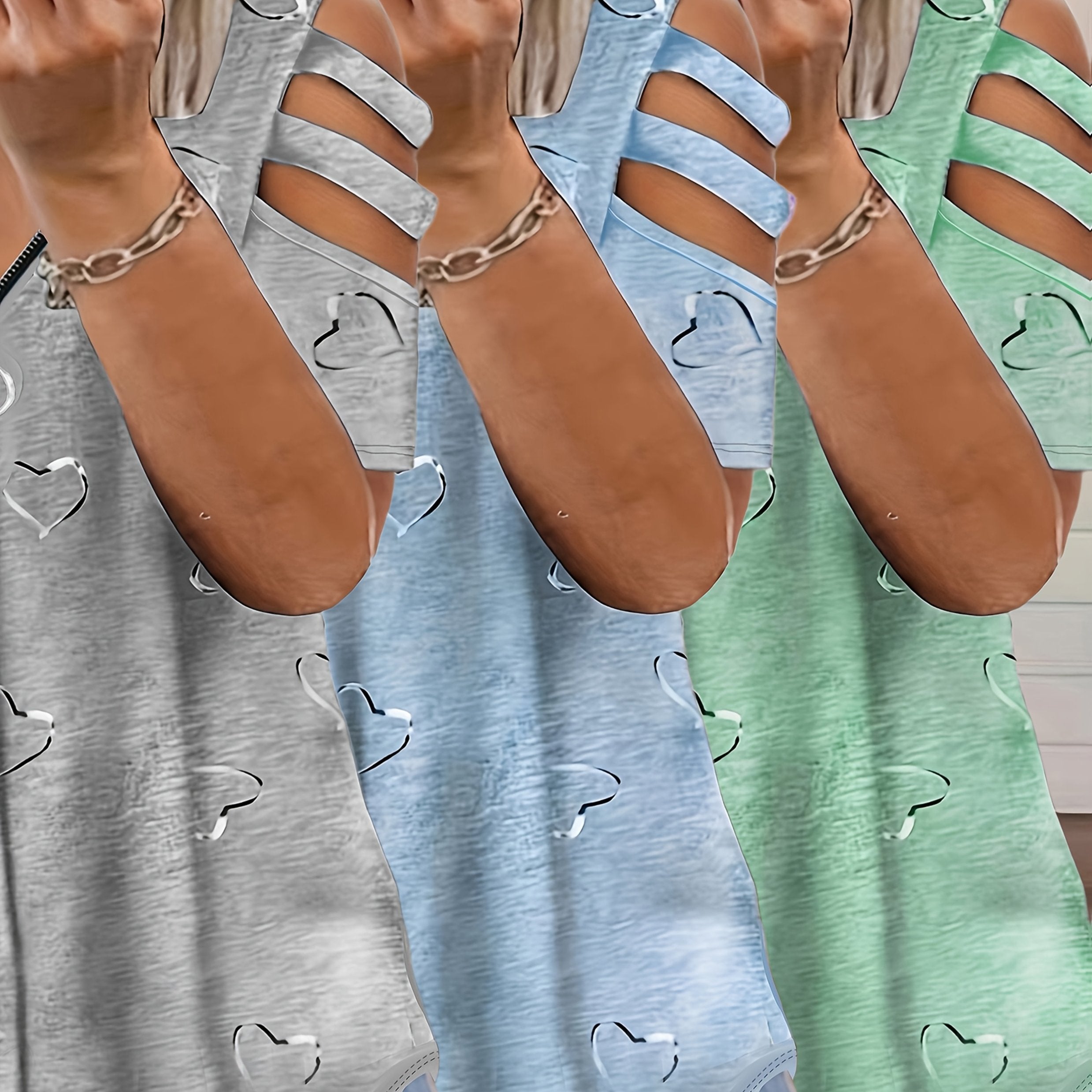 Camisetas casuales de mujer con cuello en V y detalle de cremallera, estampado de corazón, ligeras