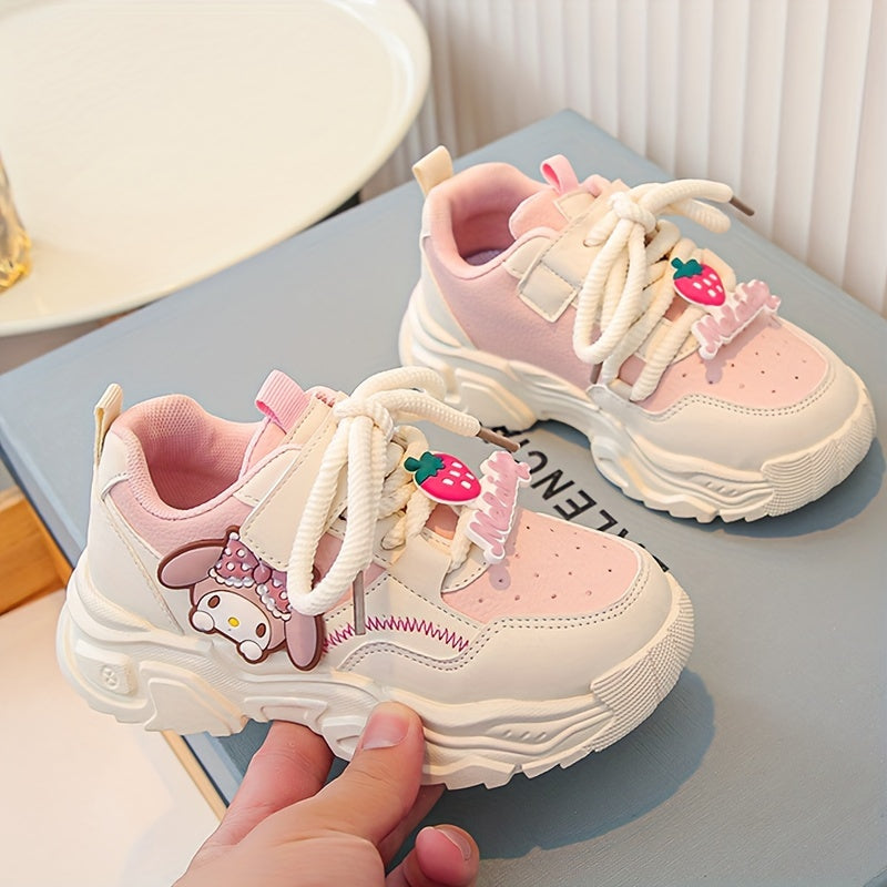 Girls' Pink and White Cartoon Sneakers with Easy-On Closure for Casual Outdoor Wear