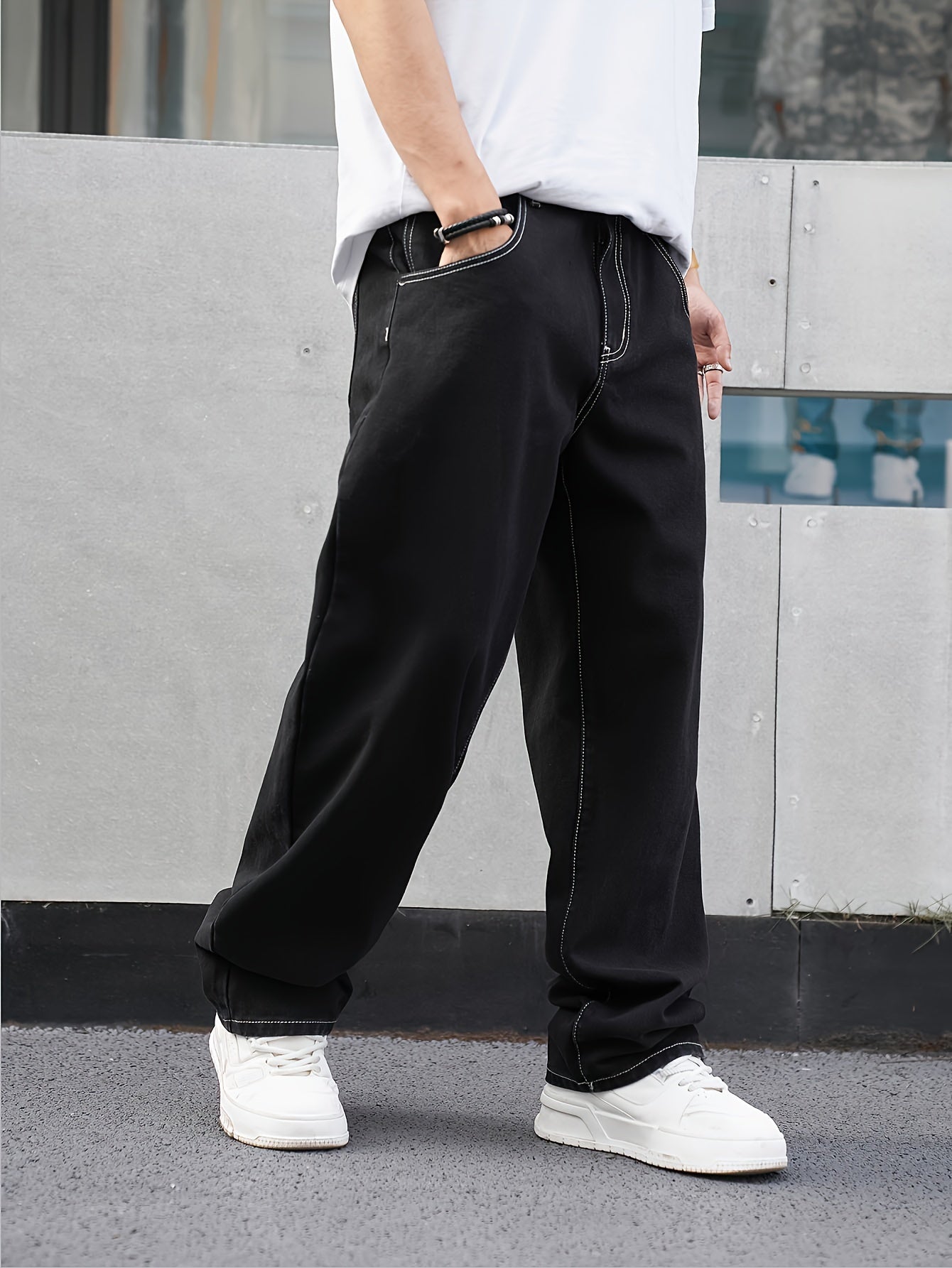 Men's Casual Denim Jeans Loose Fit Raw Wash Cotton Polyester Low Waist Regular Length