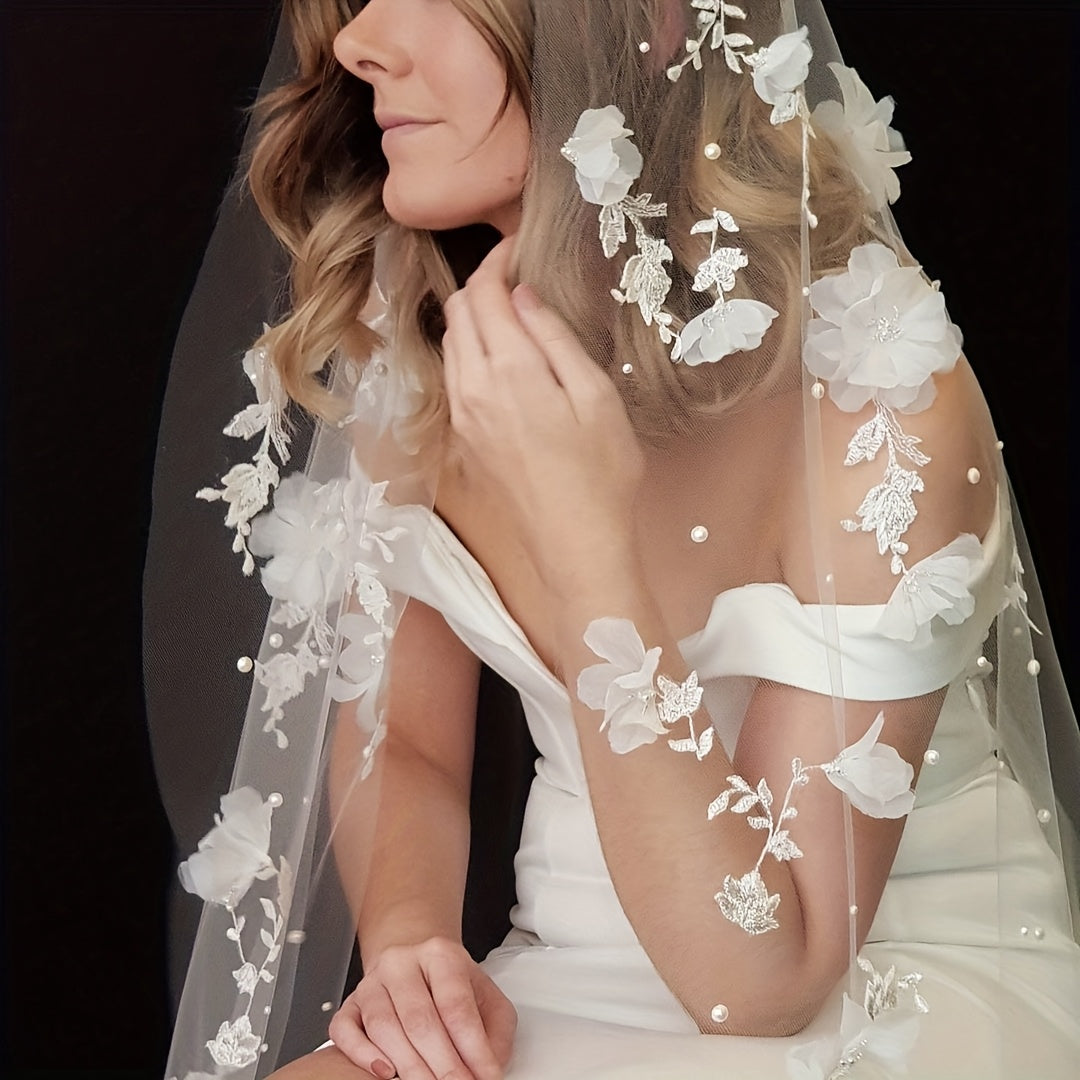 Wedding Veil with Floral Embellishments and Polyester Material for Bridal Accessories