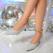 Women's Silver Mid-Heel Pumps with Pointed Toes for Parties and Weddings