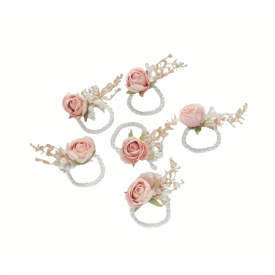 Set of 6 Pink Rose Wrist Corsages with Golden Leaves Beads for Weddings Proms Parties