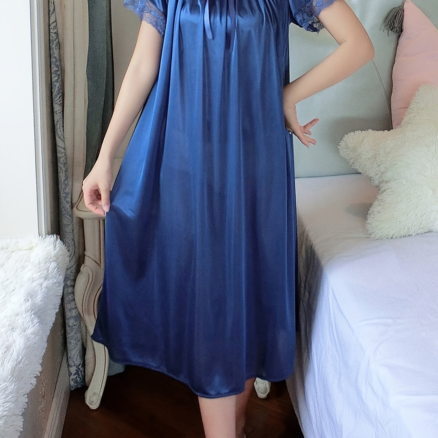 Women's Off-Shoulder Night Dress Short Sleeve Solid Polyester Sleepwear for Spring Summer