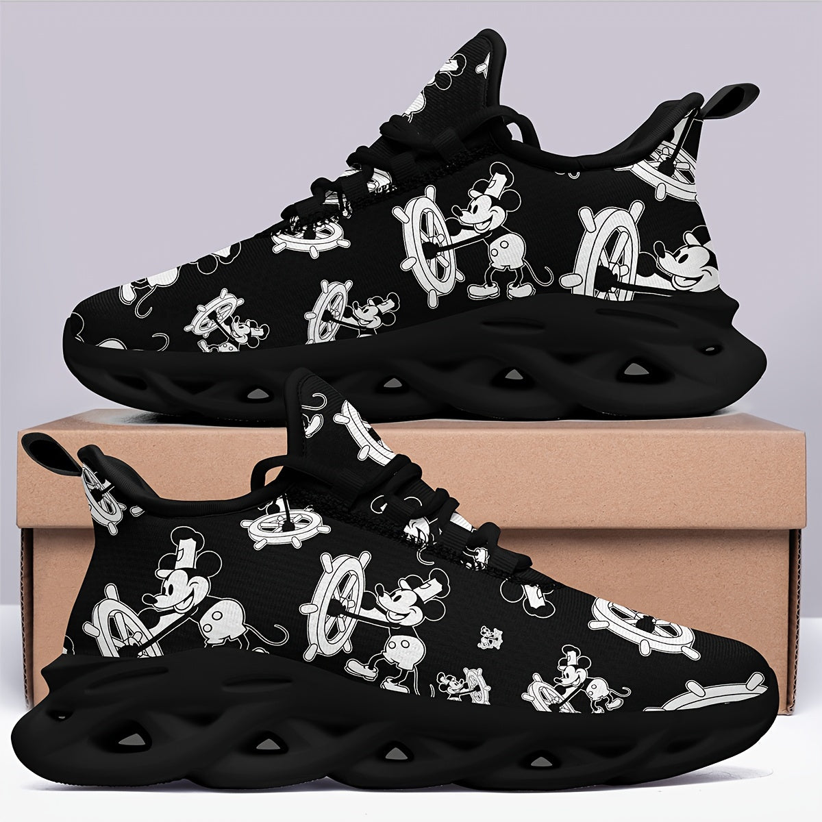 Women’s Breathable Canvas Sneakers with Cartoon Mouse Pattern for Running