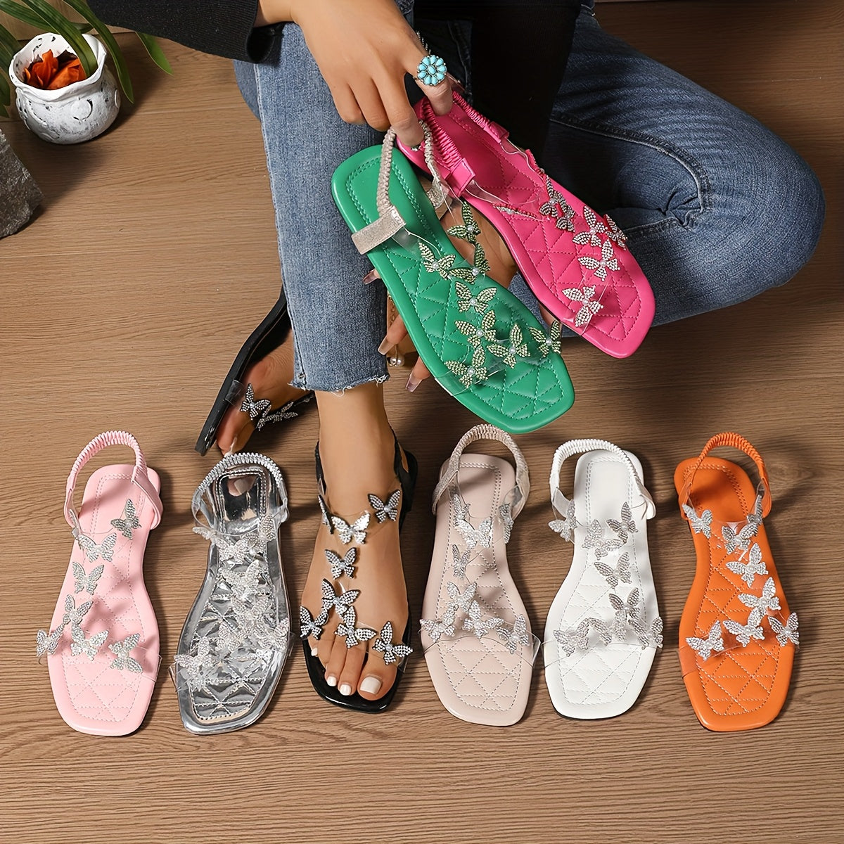 Women's TPU Ankle Strap Flat Sandals with Butterfly and Pearl Embellishments