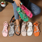 Women's TPU Ankle Strap Flat Sandals with Butterfly and Pearl Embellishments